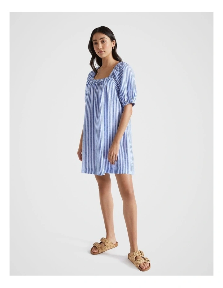 Linen Mini Dress in Deep Ocean Stripe