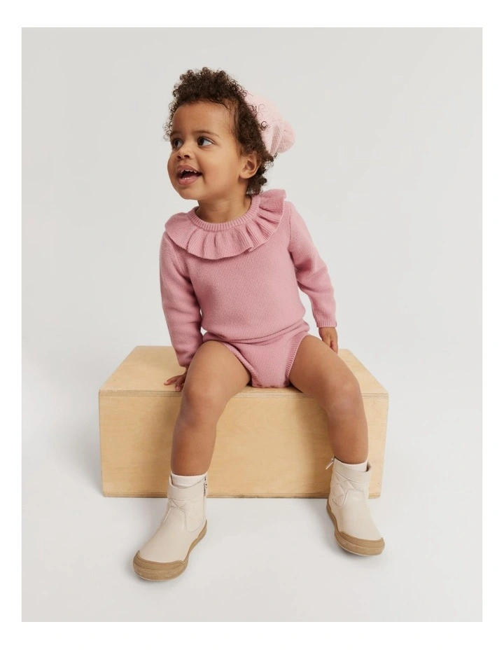 Frill Knit Long Sleeve Bodysuit in Dusty Rose