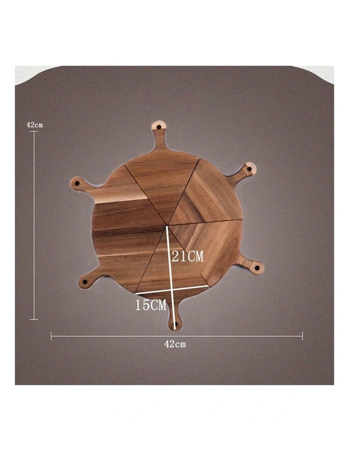 Round Divisible Wood Pizza Server Food Plate Board 6 Pieces in Brown