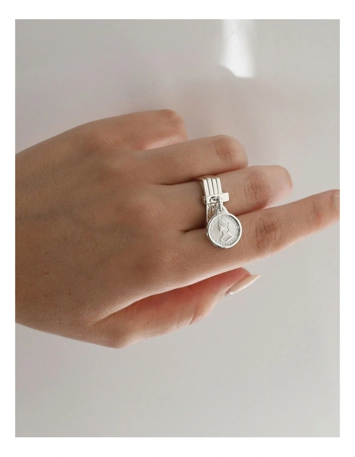 4-Stack Ring with Tiny Australian Token in Sterling Silver