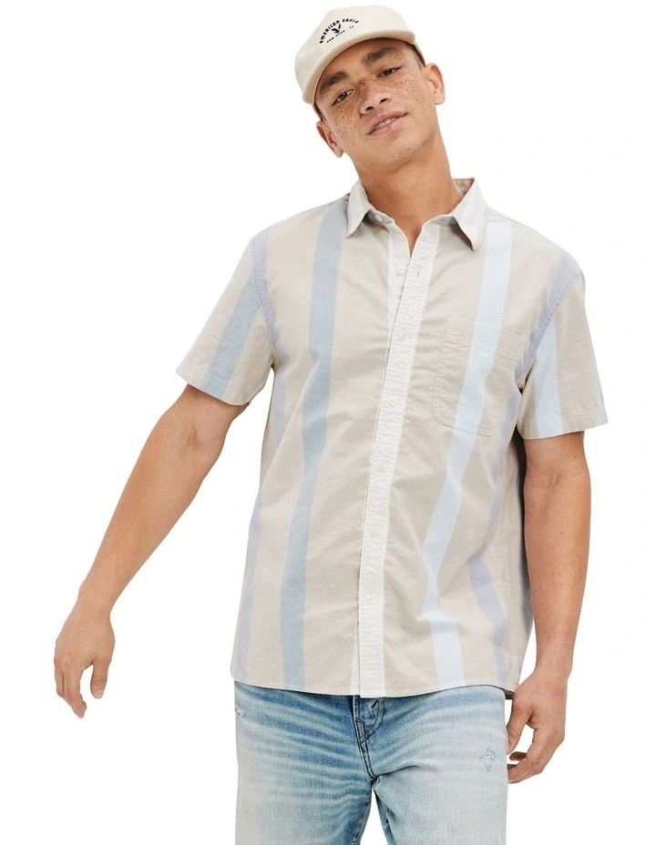 Striped Button-Up Resort Shirt in Beige