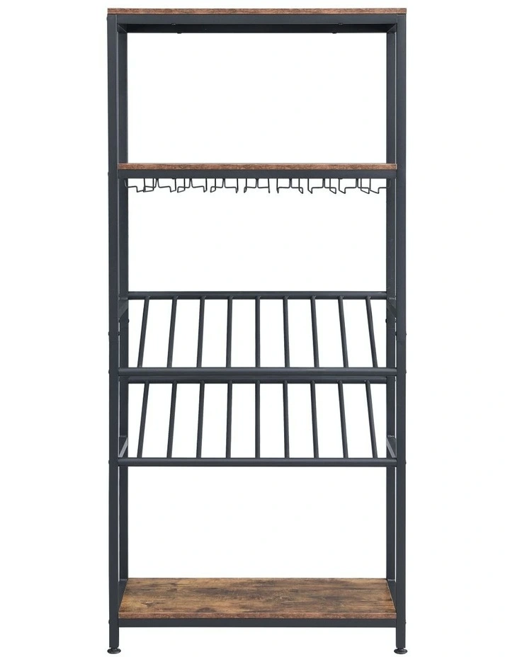 5-Tier Open Metal & Faux Antique 16 Bottles 24 Glasses Wine Rack in Brown