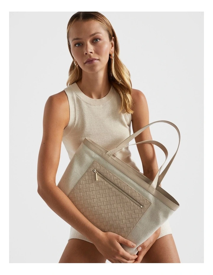 Leather Woven Fabric Tote Bag in Champagne Beige