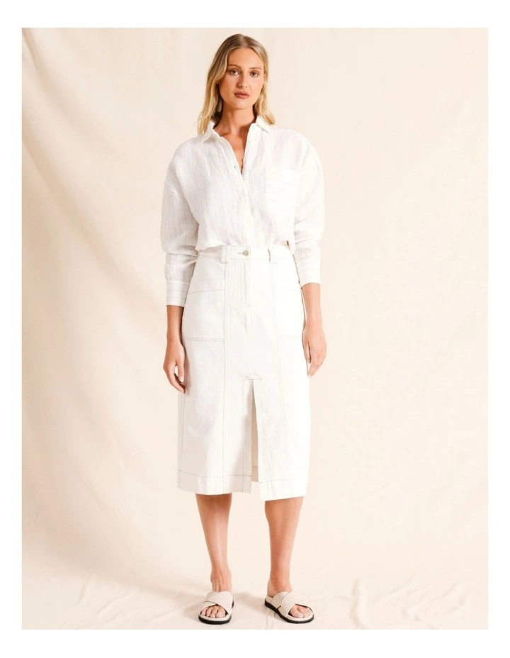 A-Line Split Front Denim Skirt in White