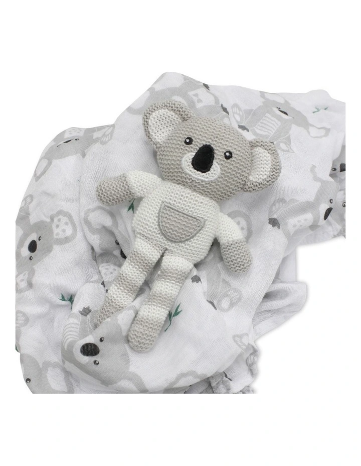 Muslin Swaddle Wrap and Koala Knit Rattle Gift Set in Grey