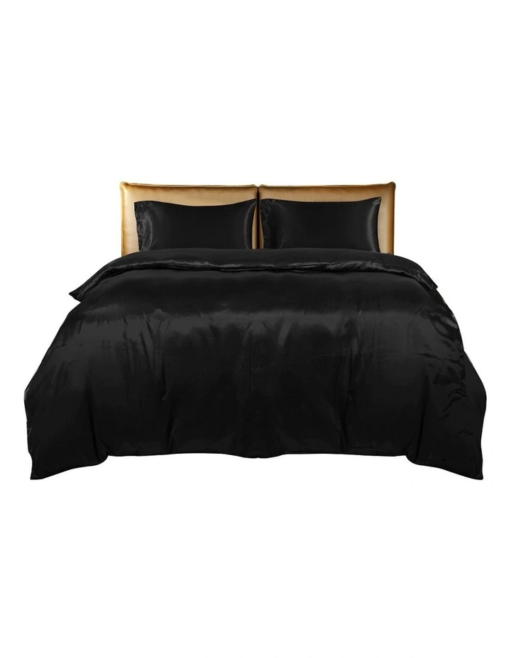 Silky Satin Single Quilt Cover and Pillowcases Set in Black