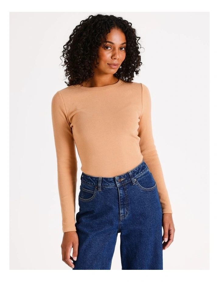 Organic Blend Crew Neck Long Sleeve Rib Tee in Chestnut