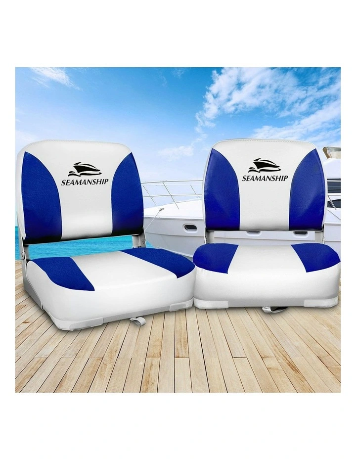 Seamanship 2X Folding Boat Seats Swivel Low Back 13cm Padding in White Blue
