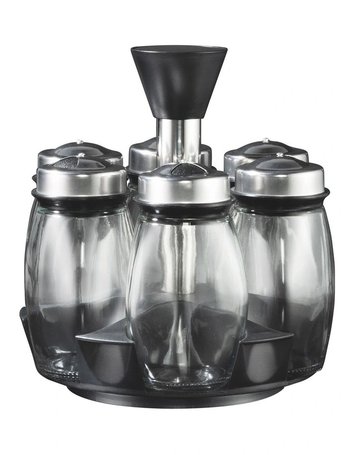 6 Spice Jar Set with Rotating Carousel Stand in Black