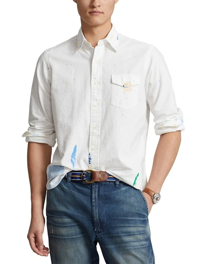 Classic Fit Paint-Splatter Oxford Shirt in White