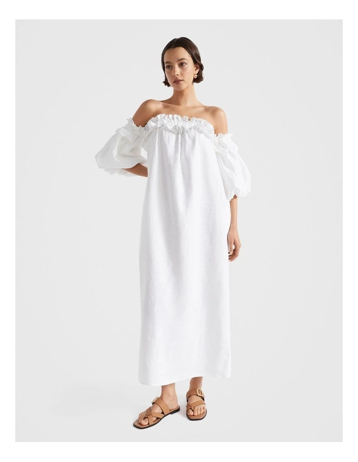 Linen Ruffle Off Shoulder Dress in White