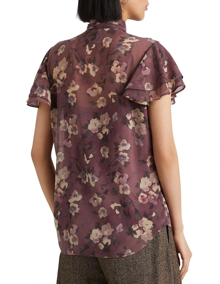 Floral Tie Neck Georgette Blouse in Purple