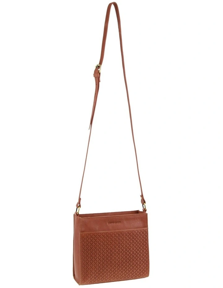Leather Diamond Pattern Embossed Cross-Body Bag in Tan