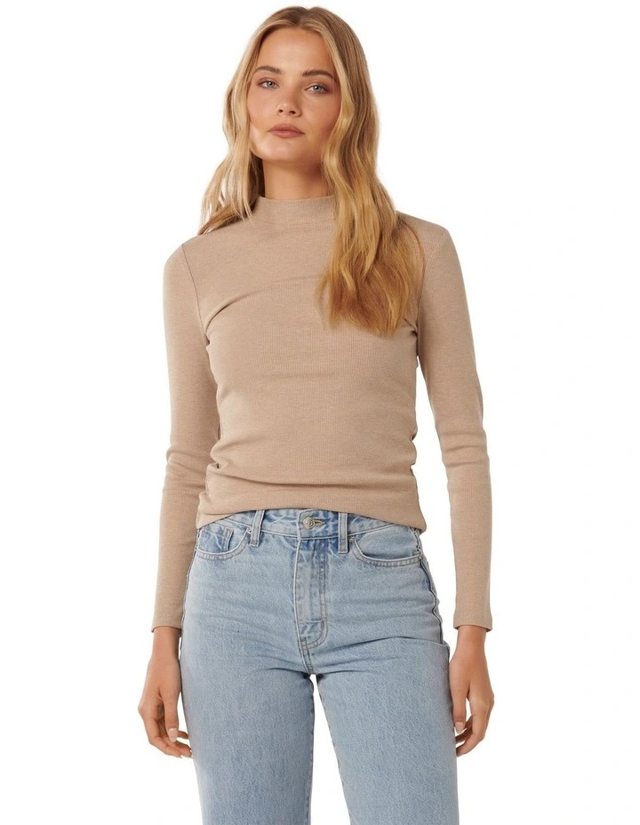 Winona Rib Long Sleeves Top in Beige