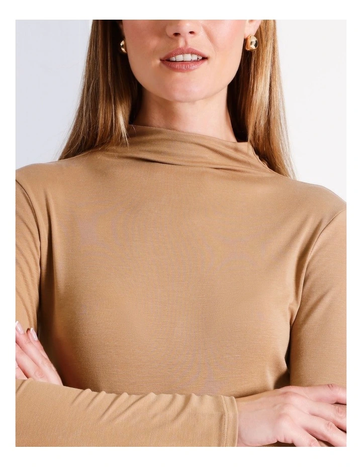 Stand Neck Long Sleeve Tee in Camel