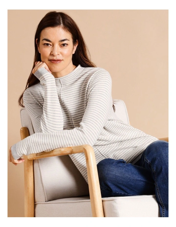 Organic Cotton Blend Funnel Neck Jumper With Seam in Greymarle/Ivory Stripe