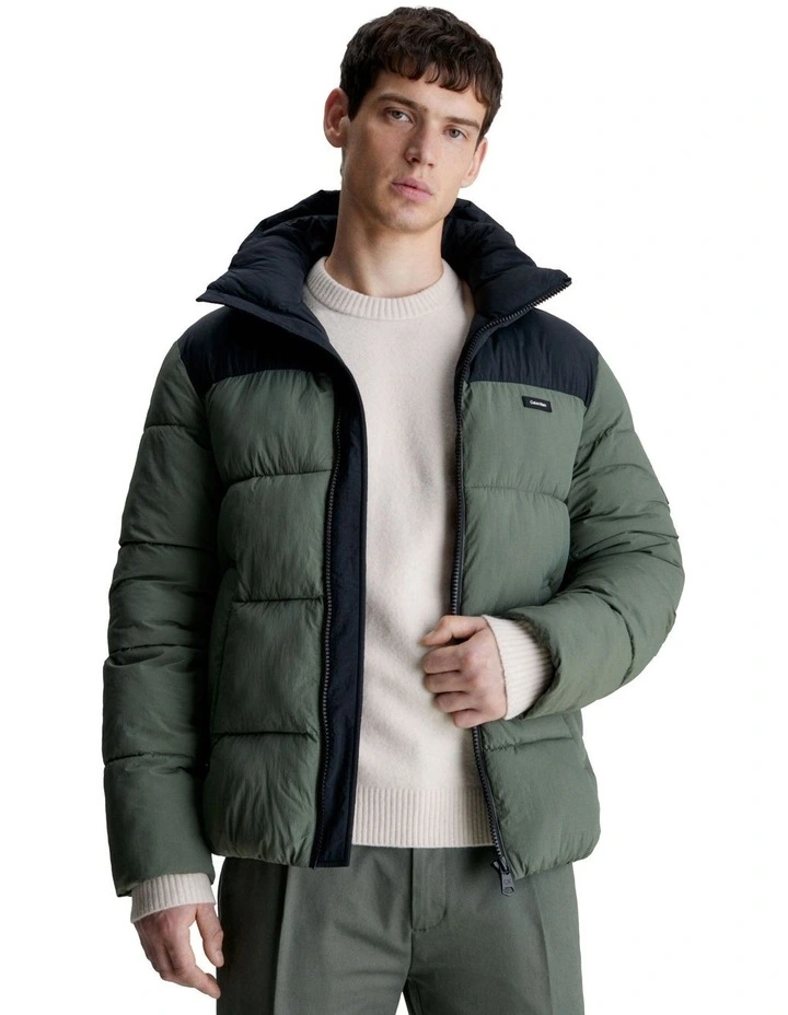 Crinkle Nylon Colour Block Puffer Jacket in Green