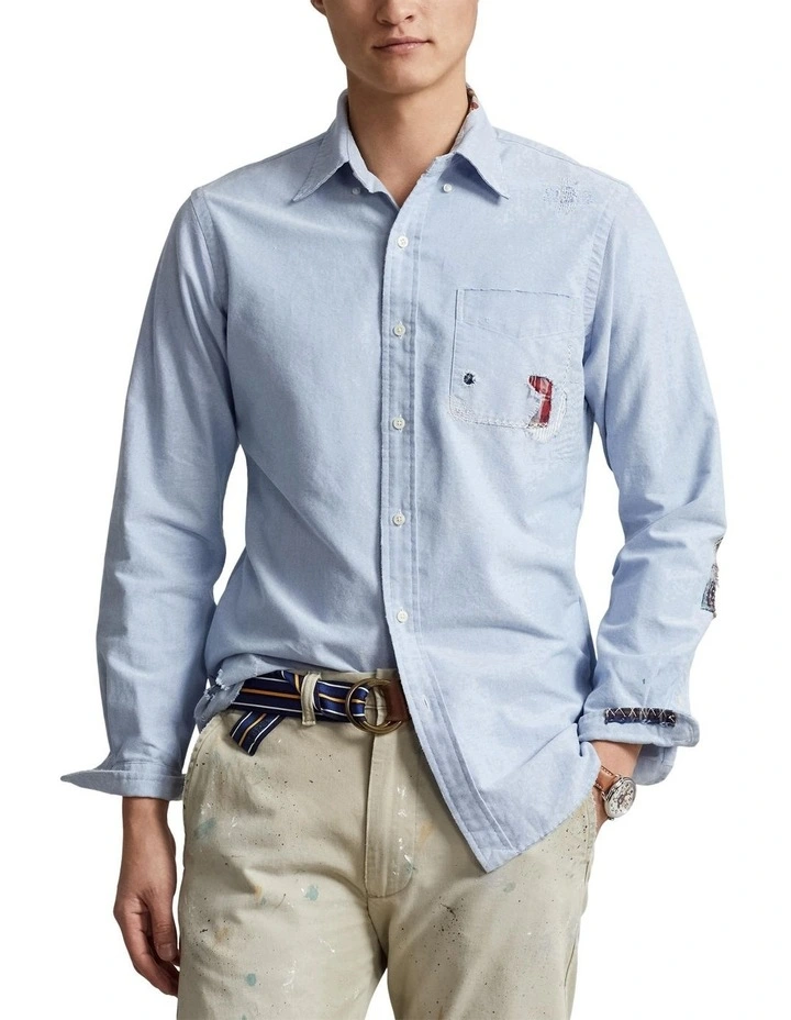 Classic Fit Distressed Oxford Shirt in Blue