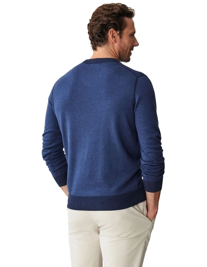 Two Tone Crew Neck Knit Sweater in Navy