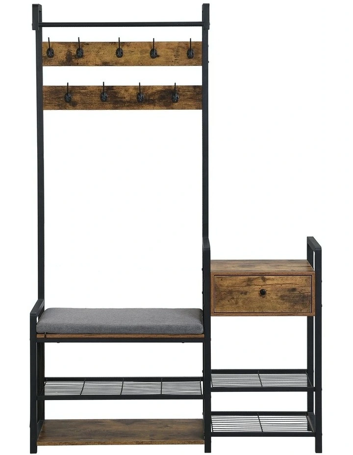 Hall Tree Entryway Bench with Storage Drawer 6-in-1 in Rustic Dark Brown