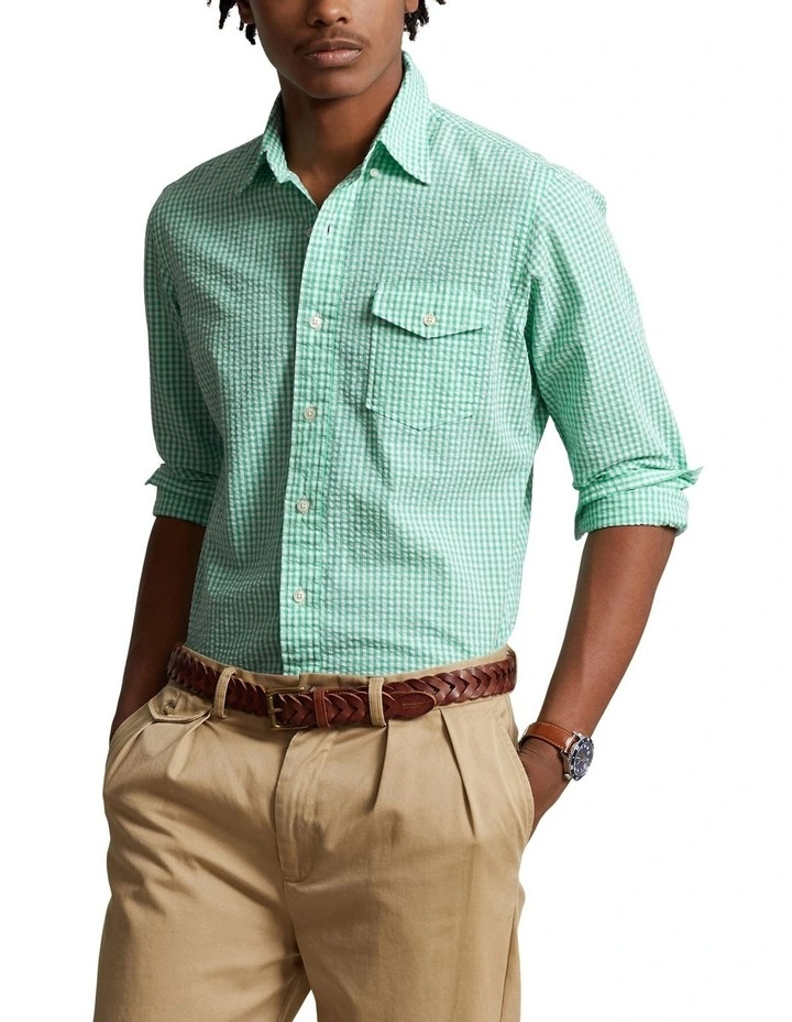 Classic Fit Gingham Seersucker Shirt in Green