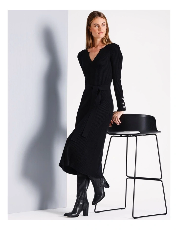 Rib Knit Midi Dress in Black