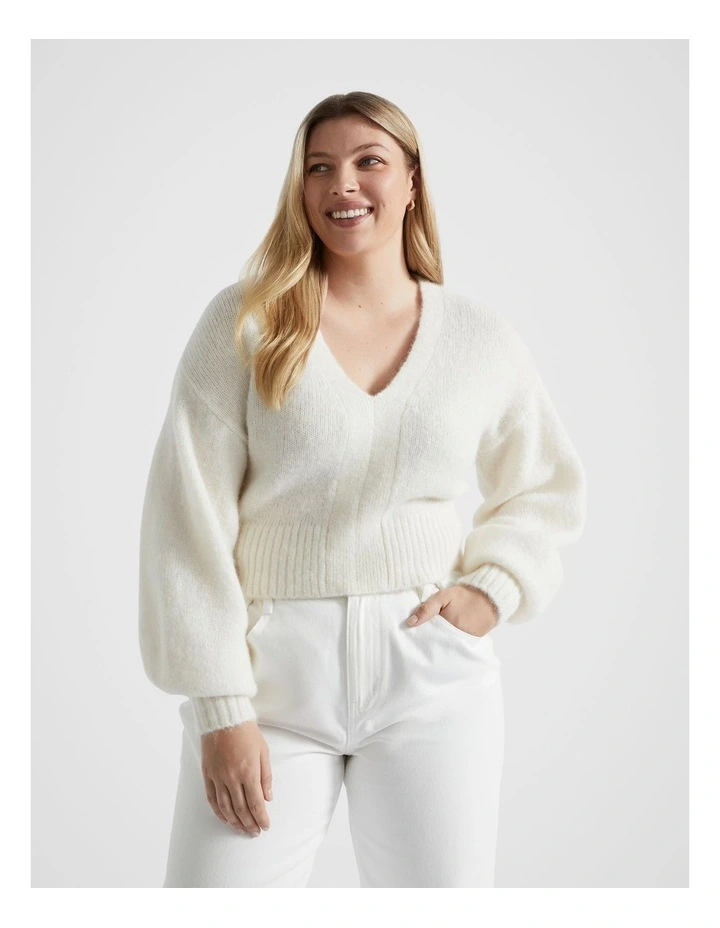 Wool Blend V Neck Knit in Cloud Cream