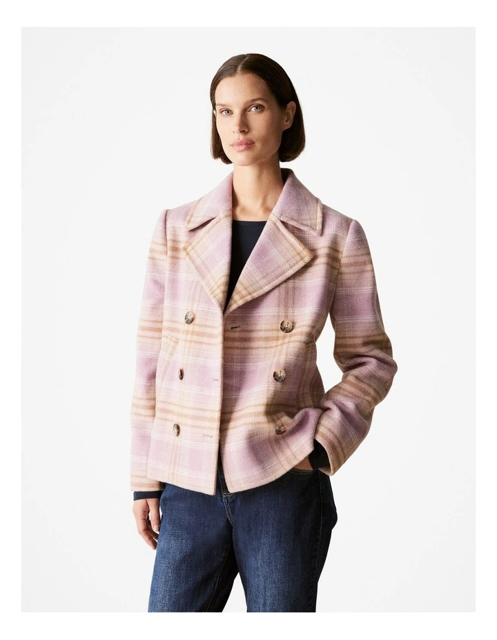 Wool Blend Yarn Dyed Plaid Peacoat in Amethyst