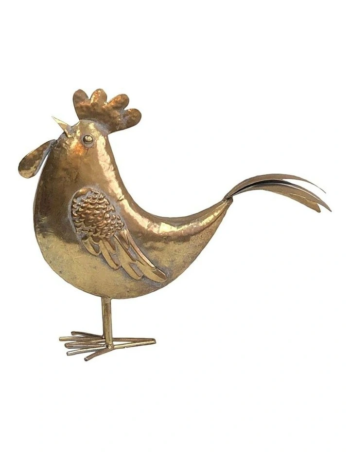Metal Figurine Golden Chook Statue With Long Tail in Distressed Gold
