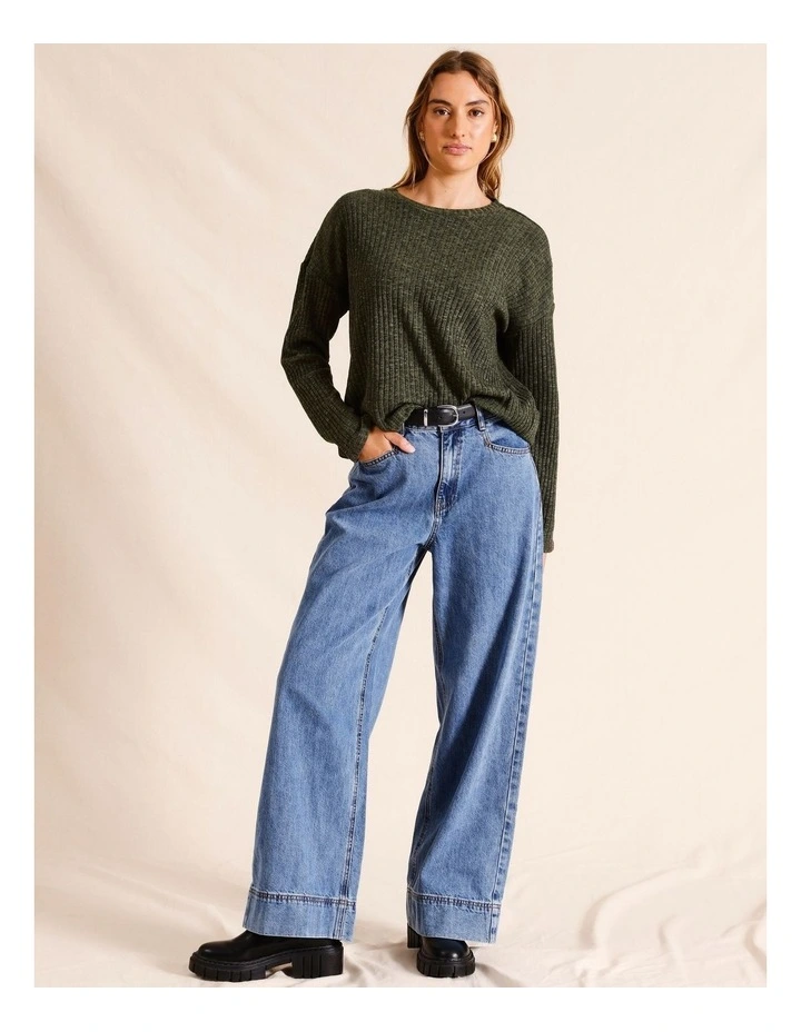 Long Sleeve Drop Shoulder Rib in Khaki
