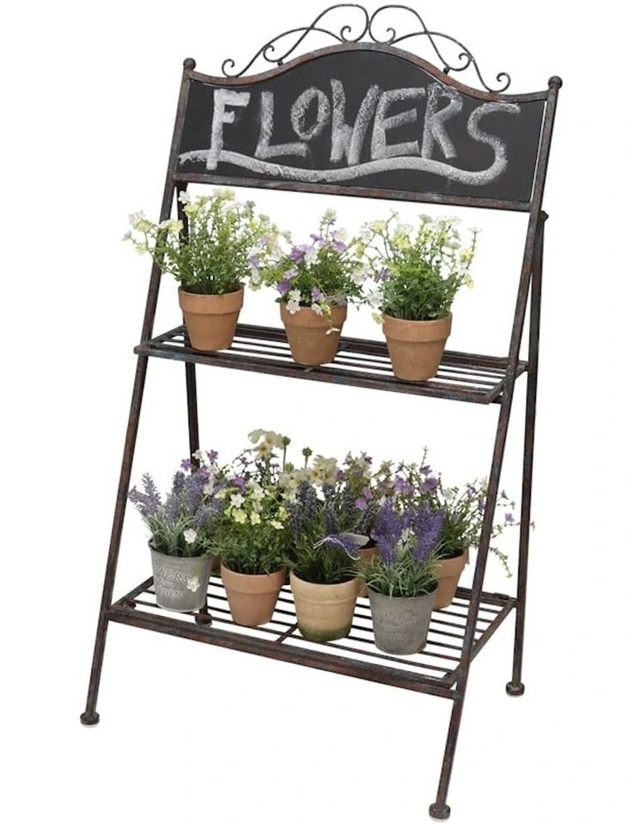 Two-Shelf Garden Plant Stand with Chalkboard in Black