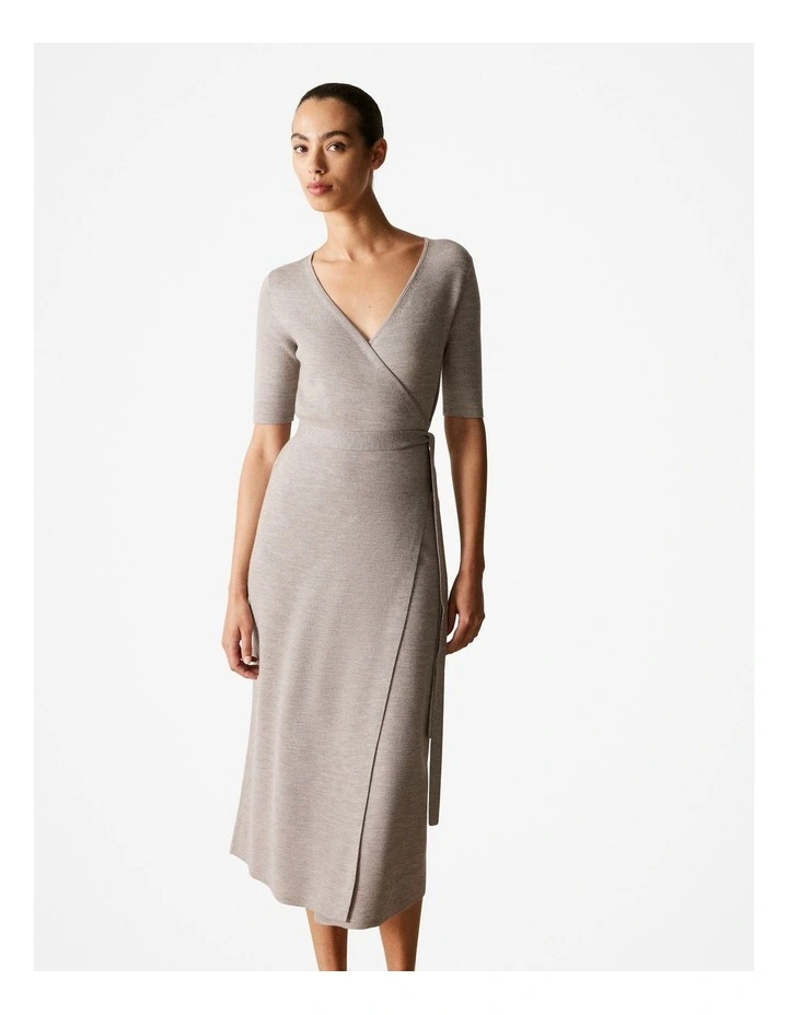 Merino Blend Wrap Knit Dress in Cinder