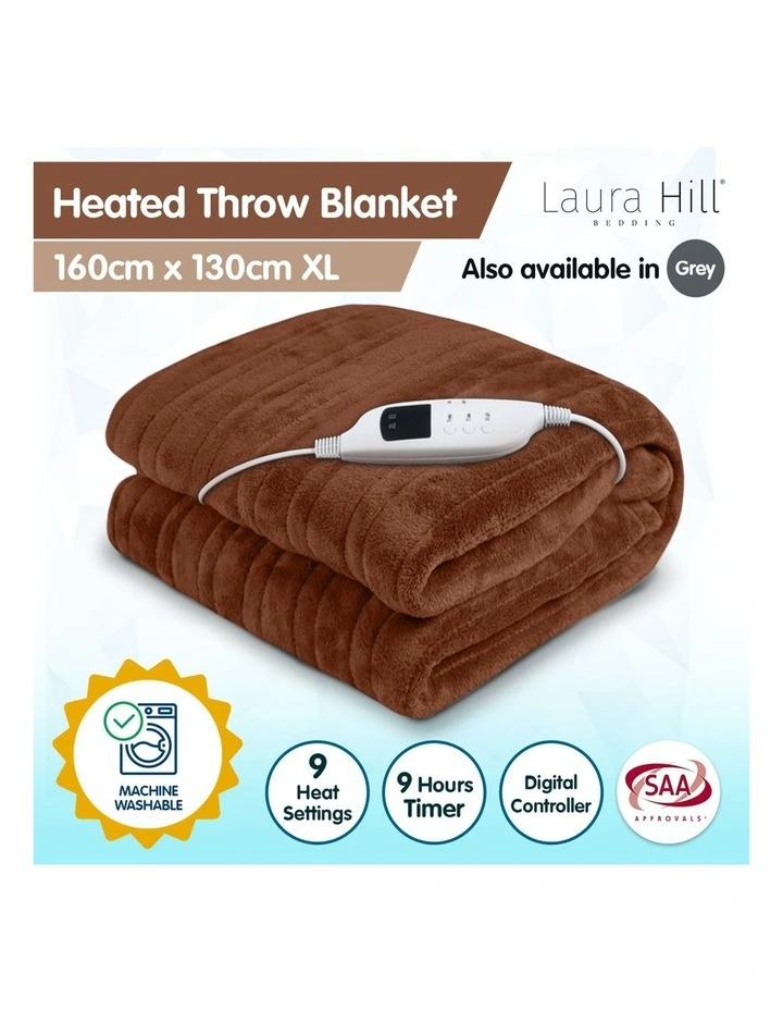 Heated Electric Blanket Throw Rug Coral Warm Fleece Winter Brown