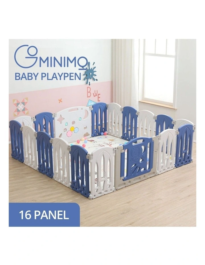 Foldable Baby Playpen with 16 Panels in White/Blue