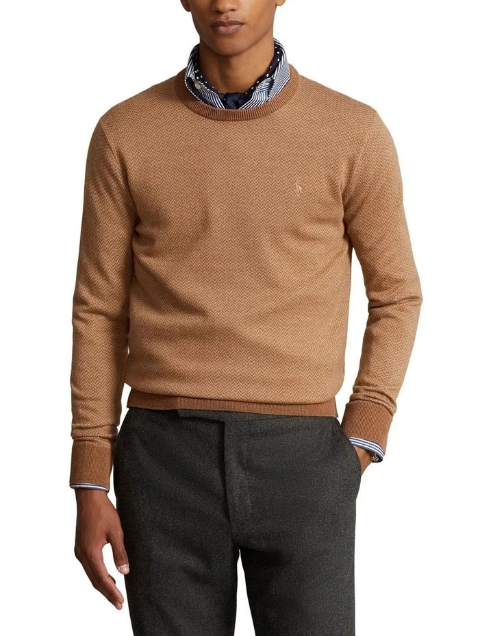 Herringbone-Knit Washable Wool Sweater in Beige