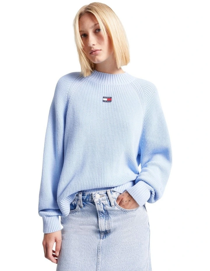 Mock Turtleneck Badge Relaxed Jumper in Blue