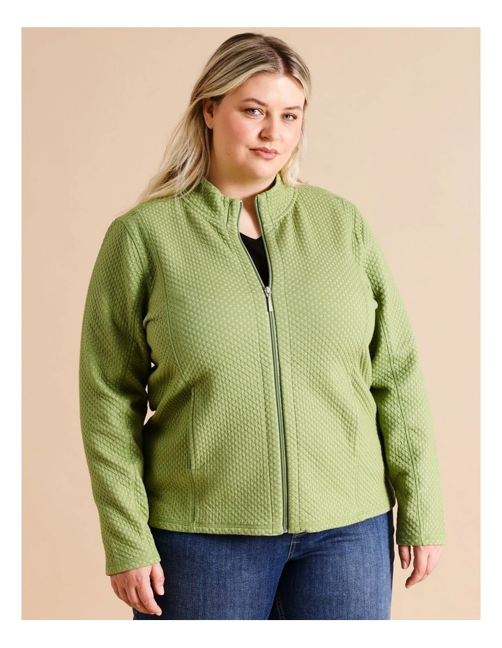 Recycled Polyester Blend Zip Thru Honeycomb Jacquard Sweat Top In Avocado