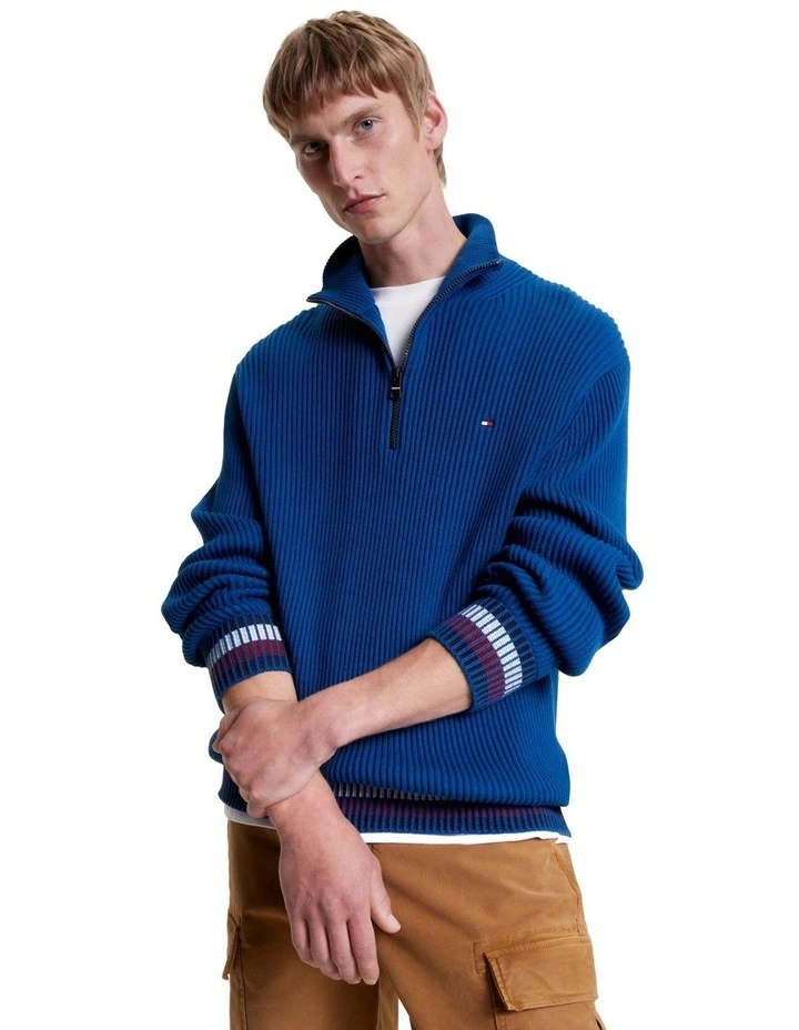 Shadow Global Stripe Rib Zip Mock Knit in Blue