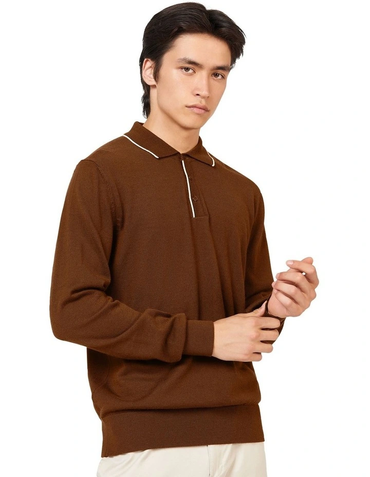 Tipped Merino Polo Shirt in Brown