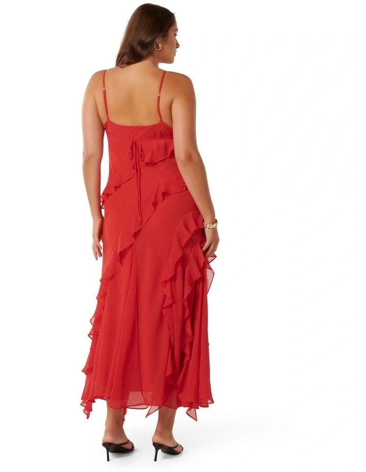 Poppy Asymmetrical Ruffle Gown in Red
