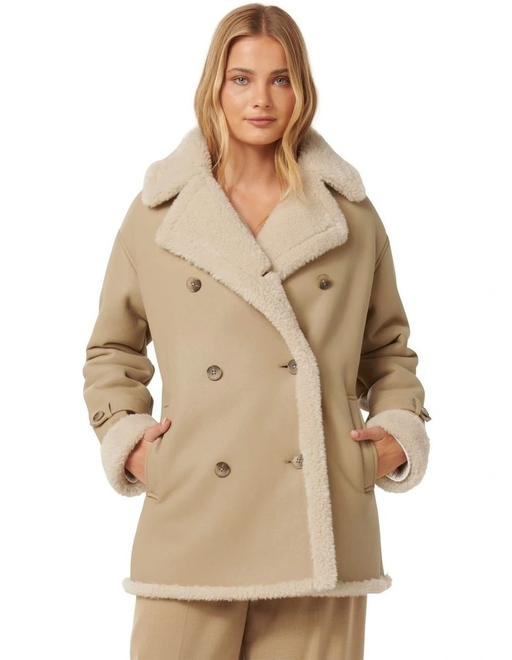 Alix Vegan Leather Shearling Coat in Camel