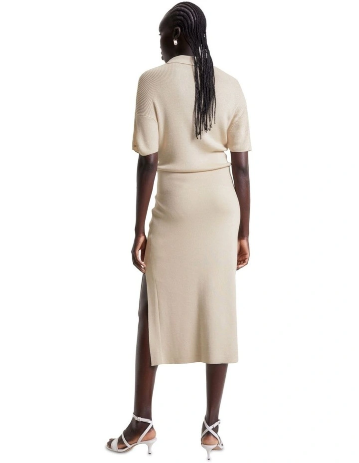 Open Polo Blousson Short Sleeve Midi Dress in Classic Beige