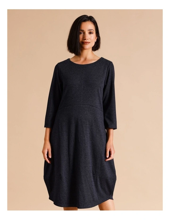 3/4 Sleeve Dart Hem Knit Dress In Navy/Blue Small Check