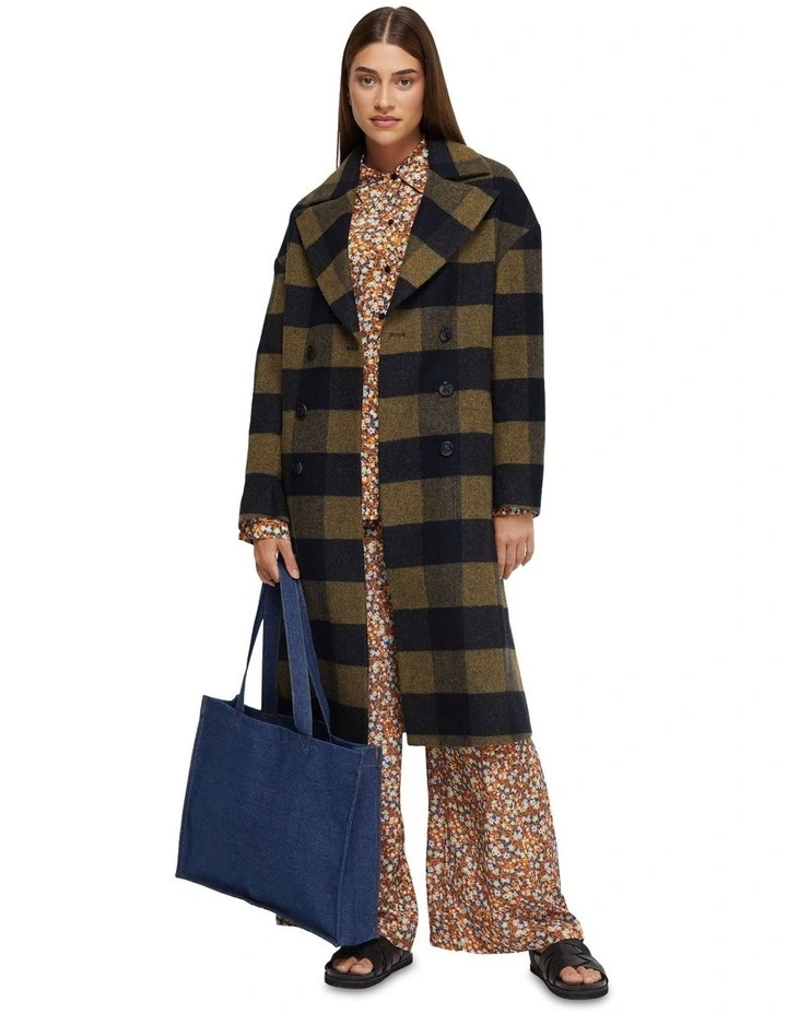 Anna Wool Rich Check Coat in Charcoal/Mustard