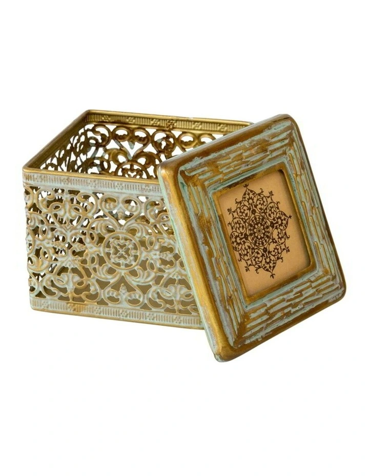 Moroccan Ornate Square Trinket Photo Box in Distressed Gold
