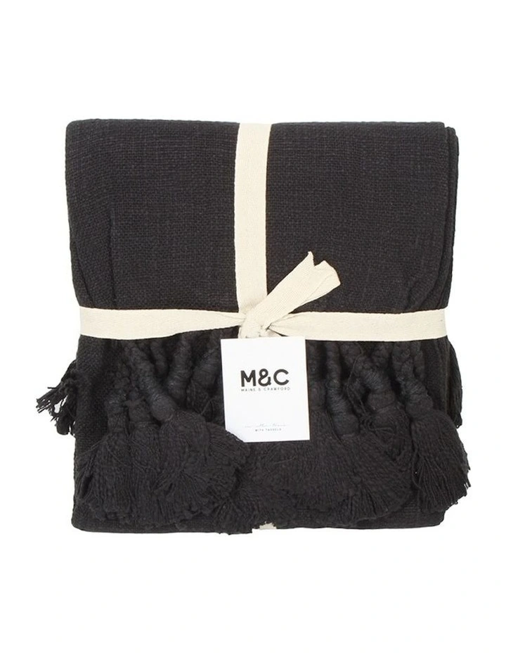 Neo Cotton Throw Sofa Blanket With Giant Tassels 170x130cm in Black