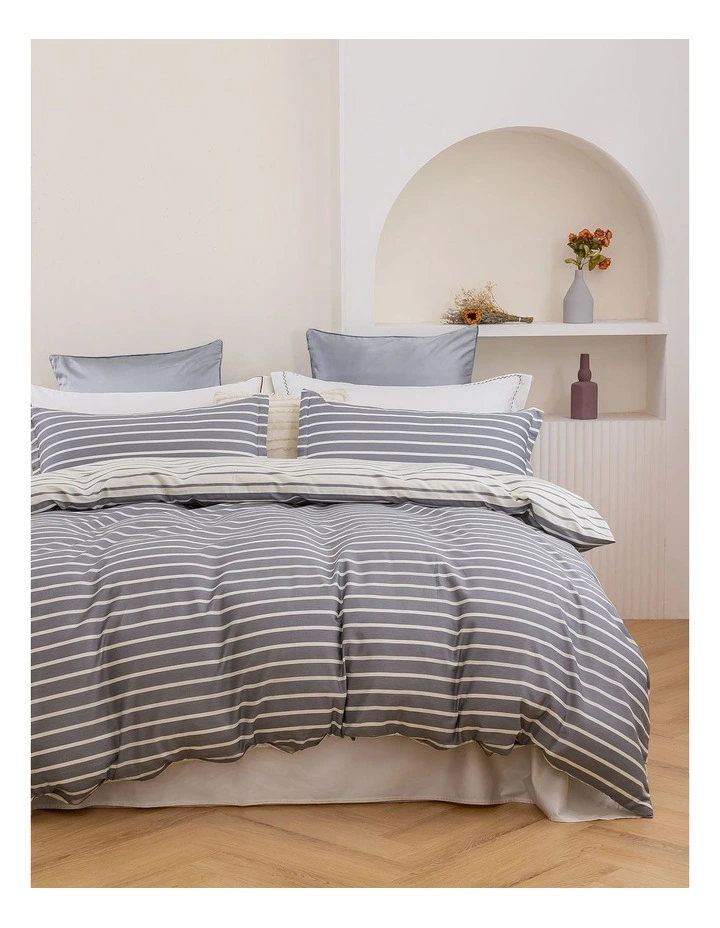 Miller Stripe Cotton Reversible Quilt Cover Set in Grey