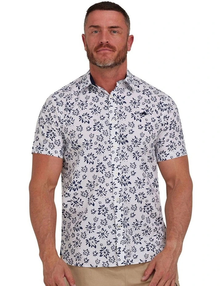 Large Flower Cotton Poplin Short Sleeve Shirt in White
