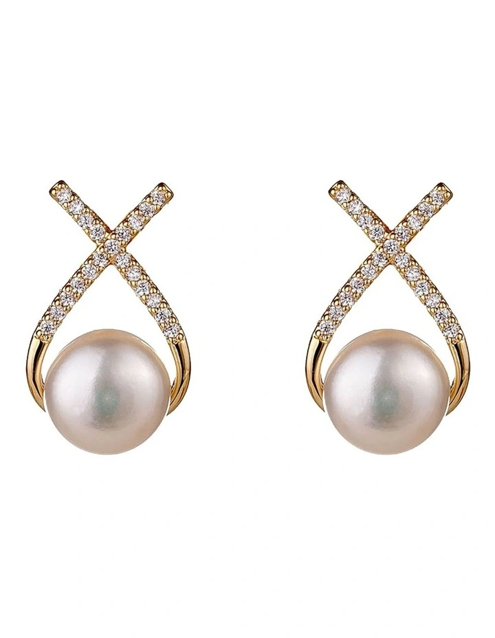 Freshwater Pearl Earring With CZ Cross in Gold