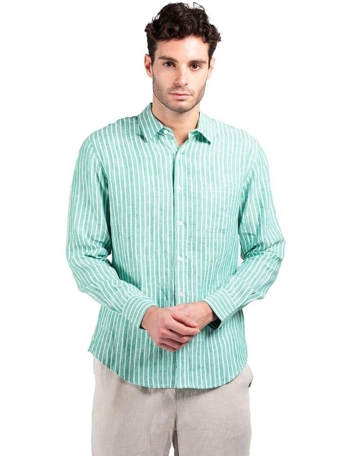 Long Sleeve Stripe Linen Shirt in Green